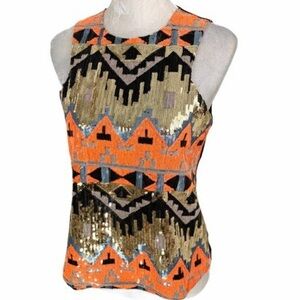 Gianni Bini Sleeveless Aztec Print Back Zip Sequin Top Size Medium